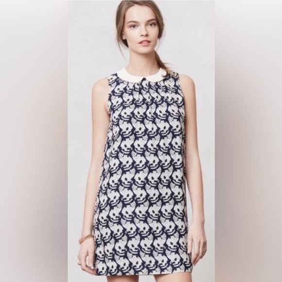 Anthropologie Navy Repeating Cat Pattern Dress with Peter Pan Collar Size XS - Picture 1 of 6